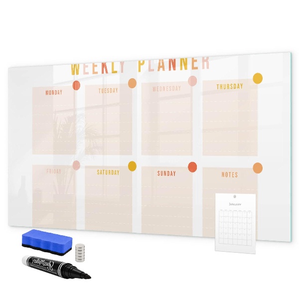 Decoratief glazen wandbord beschrijfbaar en magnetisch Weekplanner met ruimte voor foto's