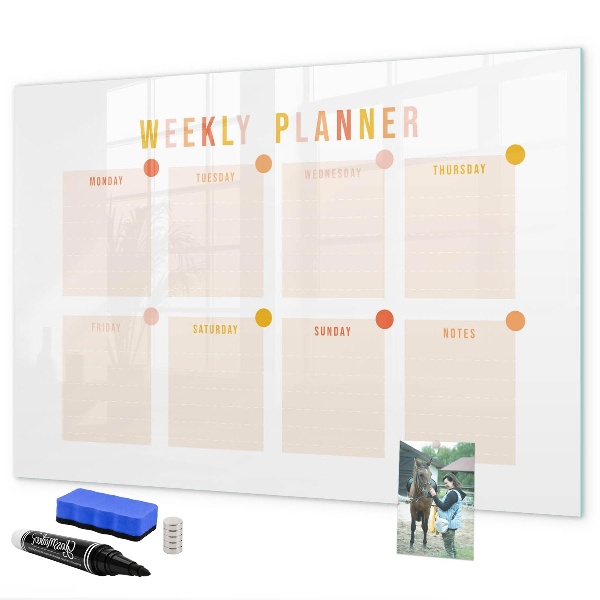 Decoratief glazen wandbord beschrijfbaar en magnetisch Weekplanner met ruimte voor foto's