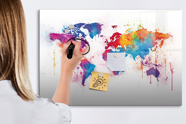 Decoratief glazen wandbord beschrijfbaar en magnetisch Kleurrijke wereldkaart met foto's