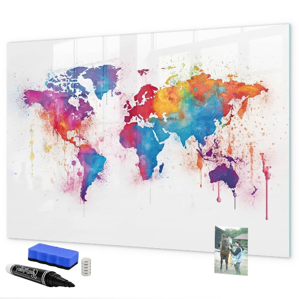 Decoratief glazen wandbord beschrijfbaar en magnetisch Kleurrijke wereldkaart met foto's