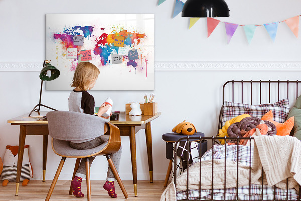 Decoratief glazen wandbord beschrijfbaar en magnetisch Kleurrijke wereldkaart met foto's