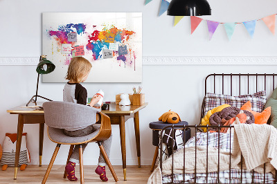 Decoratief glazen wandbord beschrijfbaar en magnetisch Kleurrijke wereldkaart met foto's