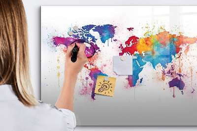 Decoratief glazen wandbord beschrijfbaar en magnetisch Kleurrijke wereldkaart met foto's