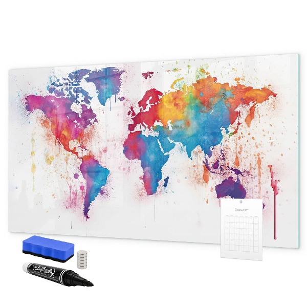 Decoratief glazen wandbord beschrijfbaar en magnetisch Kleurrijke wereldkaart met foto's