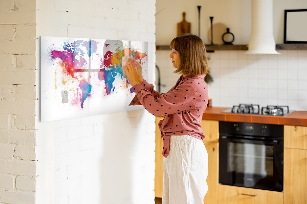 Decoratief glazen wandbord beschrijfbaar en magnetisch Kleurrijke wereldkaart met foto's