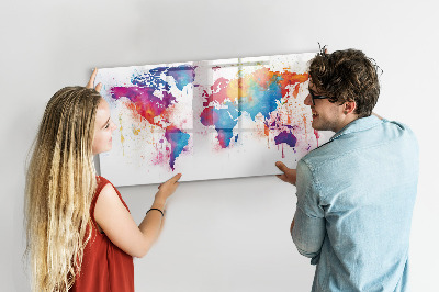 Decoratief glazen wandbord beschrijfbaar en magnetisch Kleurrijke wereldkaart met foto's