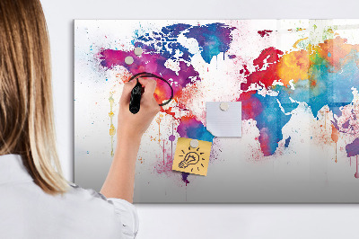 Decoratief glazen wandbord beschrijfbaar en magnetisch Kleurrijke wereldkaart met foto's