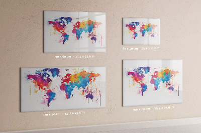 Decoratief glazen wandbord beschrijfbaar en magnetisch Kleurrijke wereldkaart met foto's