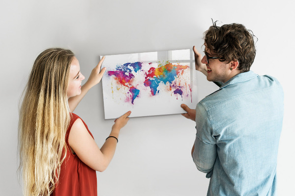Decoratief glazen wandbord beschrijfbaar en magnetisch Kleurrijke wereldkaart met foto's