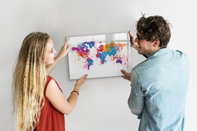 Decoratief glazen wandbord beschrijfbaar en magnetisch Kleurrijke wereldkaart met foto's