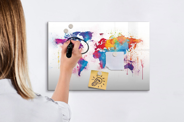 Decoratief glazen wandbord beschrijfbaar en magnetisch Kleurrijke wereldkaart met foto's
