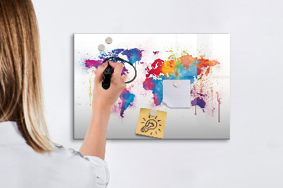 Decoratief glazen wandbord beschrijfbaar en magnetisch Kleurrijke wereldkaart met foto's