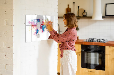 Decoratief glazen wandbord beschrijfbaar en magnetisch Kleurrijke wereldkaart met foto's