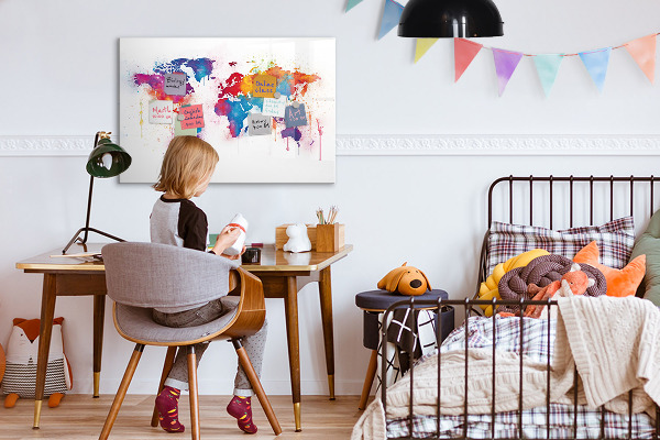 Decoratief glazen wandbord beschrijfbaar en magnetisch Kleurrijke wereldkaart met foto's