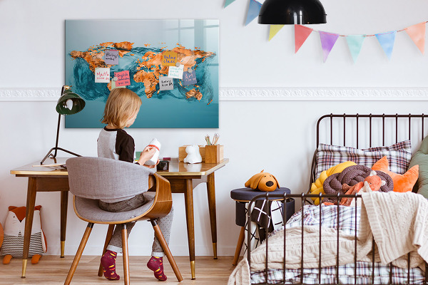 Decoratief glazen wandbord beschrijfbaar en magnetisch Een interactieve wereld met persoonlijke foto's