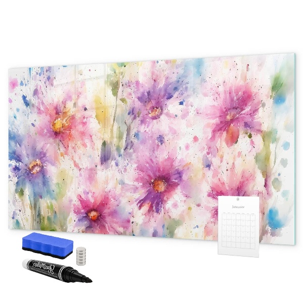 Decoratief glazen wandbord beschrijfbaar en magnetisch Een kleurrijk prikbord voor foto's en notities