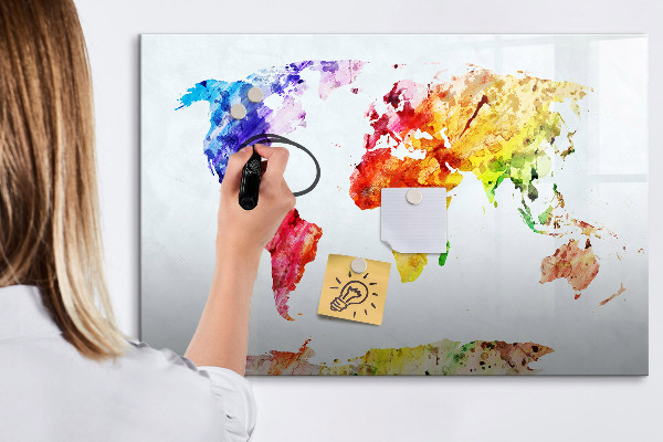 Decoratief glazen wandbord beschrijfbaar en magnetisch Kleurrijke wereldkaart met foto's