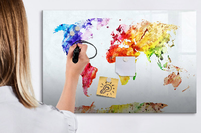 Decoratief glazen wandbord beschrijfbaar en magnetisch Kleurrijke wereldkaart met foto's