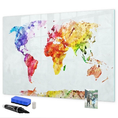 Decoratief glazen wandbord beschrijfbaar en magnetisch Kleurrijke wereldkaart met foto's
