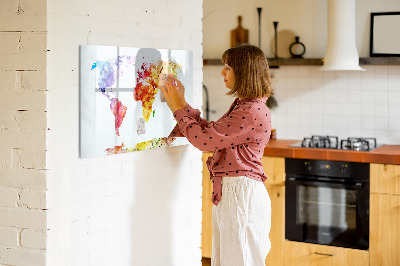 Decoratief glazen wandbord beschrijfbaar en magnetisch Kleurrijke wereldkaart met foto's