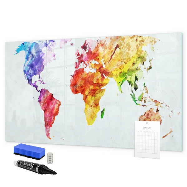 Decoratief glazen wandbord beschrijfbaar en magnetisch Kleurrijke wereldkaart met foto's