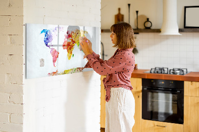Decoratief glazen wandbord beschrijfbaar en magnetisch Kleurrijke wereldkaart met foto's