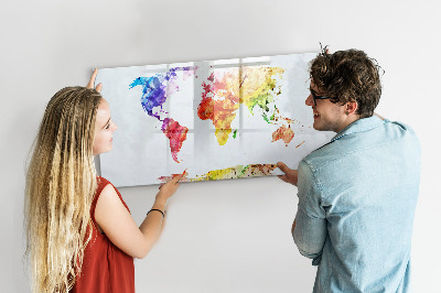 Decoratief glazen wandbord beschrijfbaar en magnetisch Kleurrijke wereldkaart met foto's