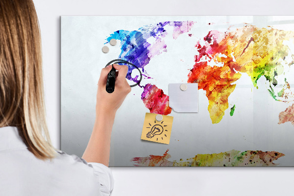 Decoratief glazen wandbord beschrijfbaar en magnetisch Kleurrijke wereldkaart met foto's