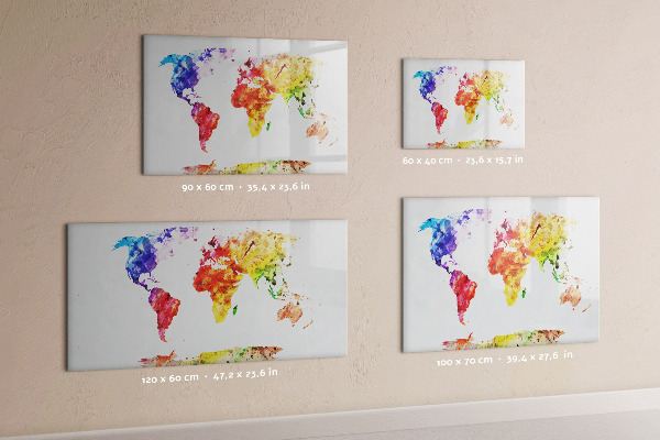 Decoratief glazen wandbord beschrijfbaar en magnetisch Kleurrijke wereldkaart met foto's