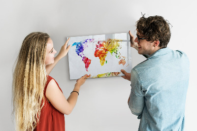 Decoratief glazen wandbord beschrijfbaar en magnetisch Kleurrijke wereldkaart met foto's