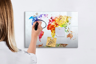 Decoratief glazen wandbord beschrijfbaar en magnetisch Kleurrijke wereldkaart met foto's