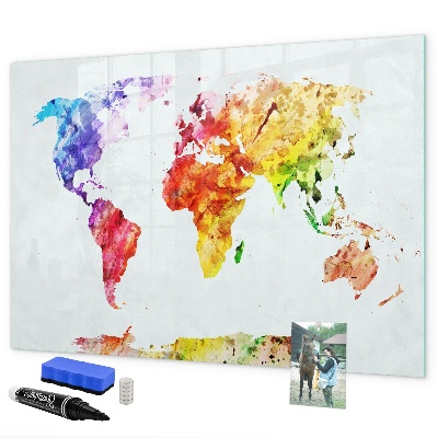 Decoratief glazen wandbord beschrijfbaar en magnetisch Kleurrijke wereldkaart met foto's