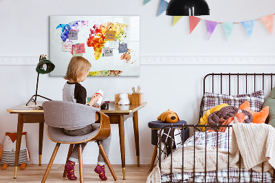 Decoratief glazen wandbord beschrijfbaar en magnetisch Kleurrijke wereldkaart met foto's