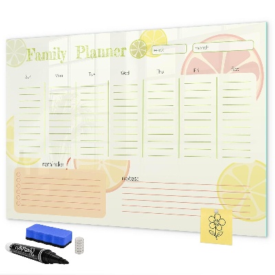 Memobord van glas met print inclusief neodymium magneten Familieplanner met ruimte voor foto's