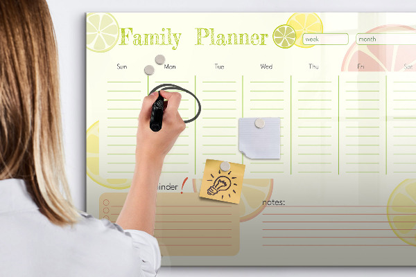 Memobord van glas met print inclusief neodymium magneten Familieplanner met ruimte voor foto's