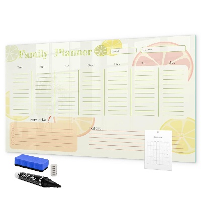 Memobord van glas met print inclusief neodymium magneten Familieplanner met ruimte voor foto's