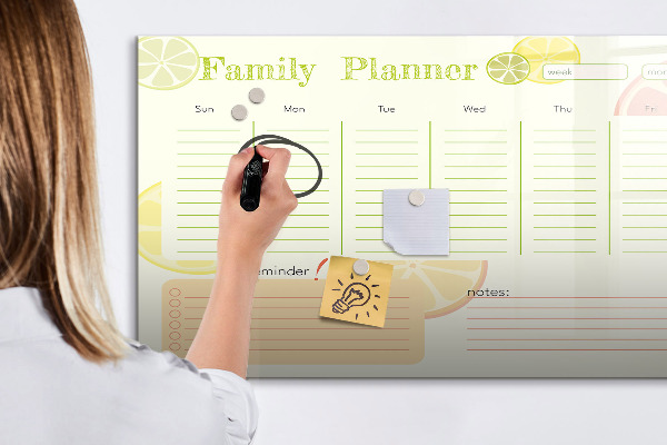 Memobord van glas met print inclusief neodymium magneten Familieplanner met ruimte voor foto's