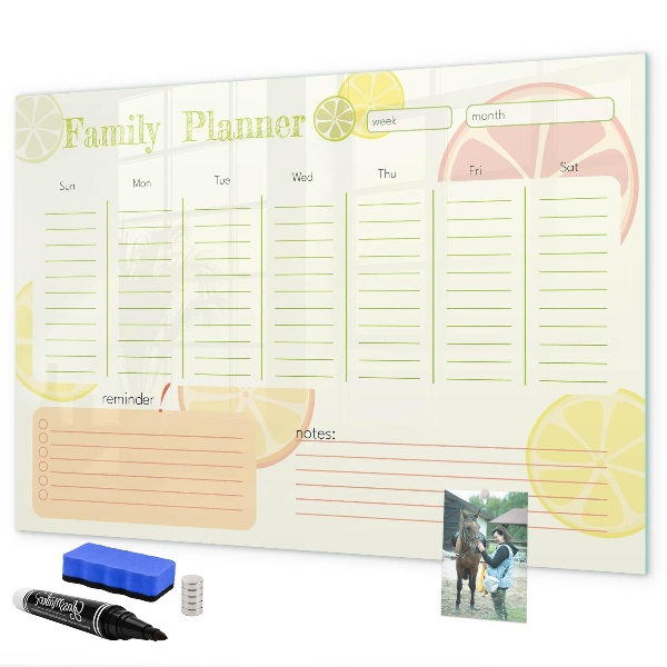 Memobord van glas met print inclusief neodymium magneten Familieplanner met ruimte voor foto's
