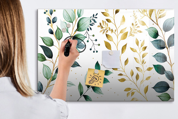 Memobord van glas met print inclusief neodymium magneten Groene bladeren en herinneringen in foto's