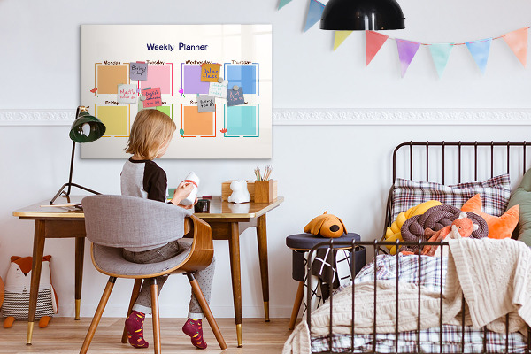 Decoratief glazen wandbord beschrijfbaar en magnetisch Weekplanner met ruimte voor foto's