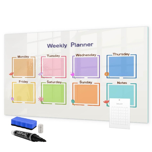 Decoratief glazen wandbord beschrijfbaar en magnetisch Weekplanner met ruimte voor foto's