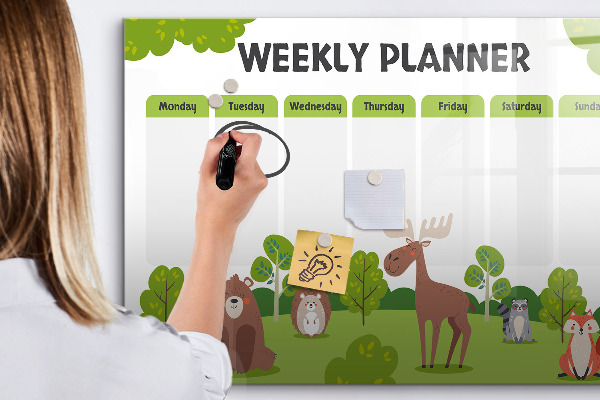 Memobord van glas met print inclusief neodymium magneten Weekplanner met een bosthema