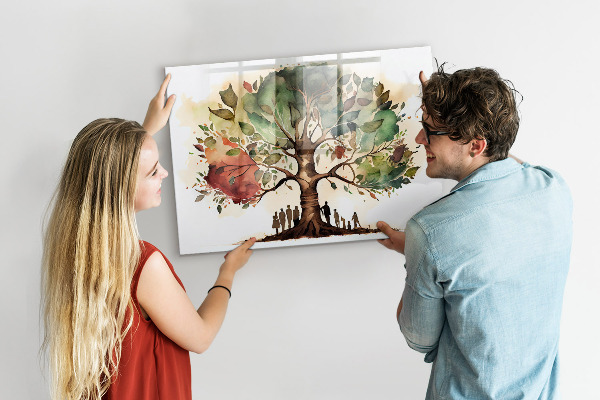 Decoratief glazen wandbord beschrijfbaar en magnetisch Herinneringsboom met persoonlijke foto's