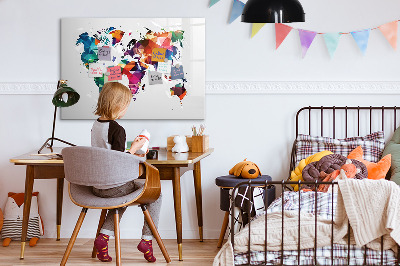 Memobord van glas met print inclusief neodymium magneten Kleurrijke wereldkaart met foto's