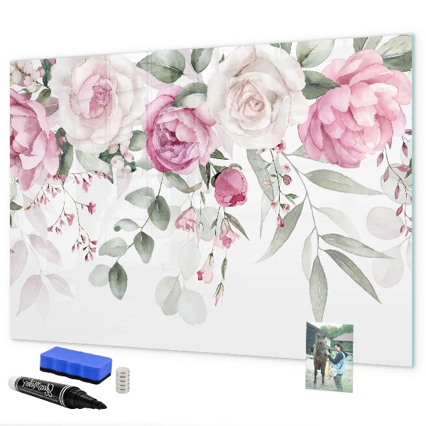 Decoratief glazen wandbord beschrijfbaar en magnetisch Bloemenpaneel voor foto's en notities