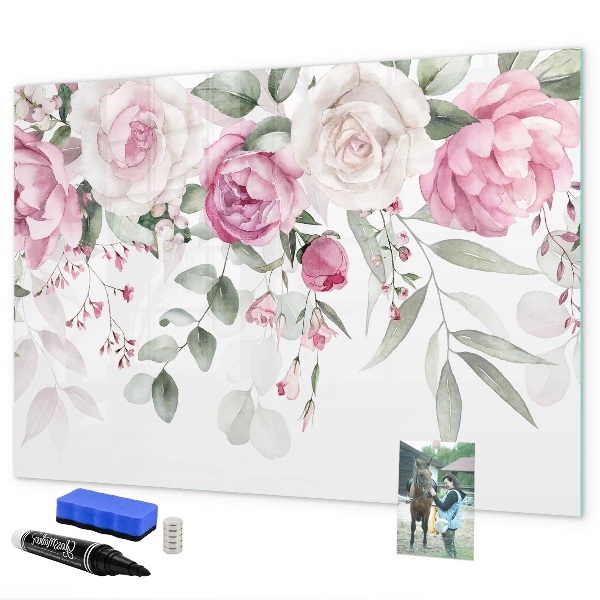 Decoratief glazen wandbord beschrijfbaar en magnetisch Bloemenpaneel voor foto's en notities