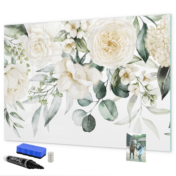 Decoratief glazen wandbord beschrijfbaar en magnetisch Bloemenmotief met ruimte voor foto's