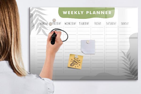 Memobord van glas met print inclusief neodymium magneten Weekplanner met ruimte voor foto's