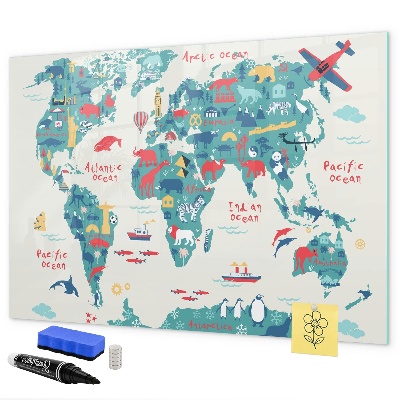 Decoratief glazen wandbord beschrijfbaar en magnetisch Interactieve wereldkaart met magneten