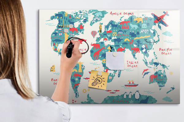 Decoratief glazen wandbord beschrijfbaar en magnetisch Interactieve wereldkaart met magneten